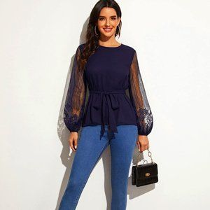 Sheer Lace Lantern Sleeve Belted Top NWOT